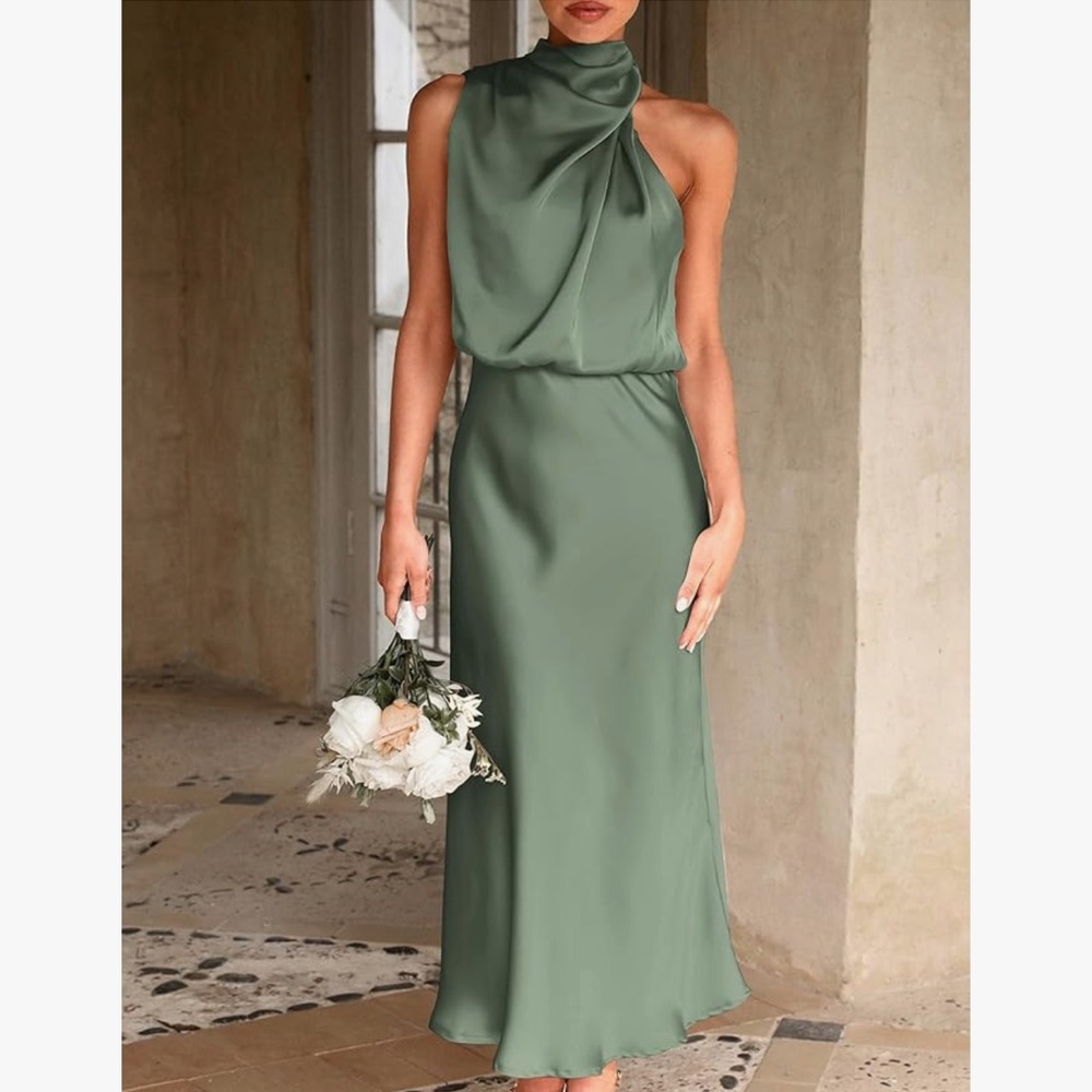 Satin Dress Elegant Sleeveless Mock Neck Cocktail Party Maxi Dresses